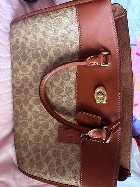 Coach Brown/Tan Signature Satchel with Leather Trim